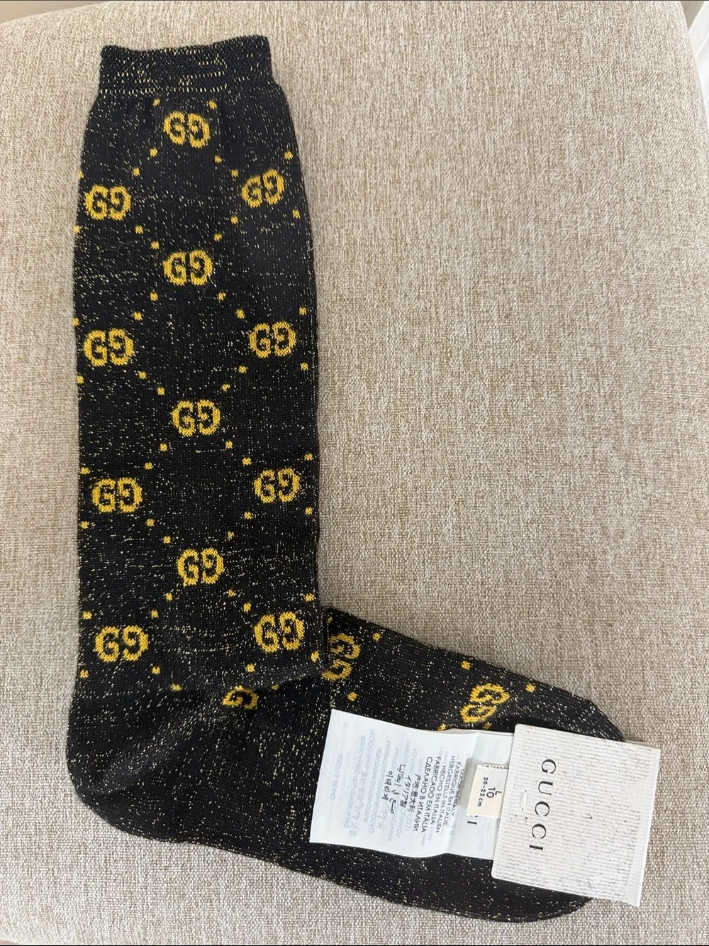 Gucci Black and Gold GG Jacquard Crew Socks in Youth Size L NWT